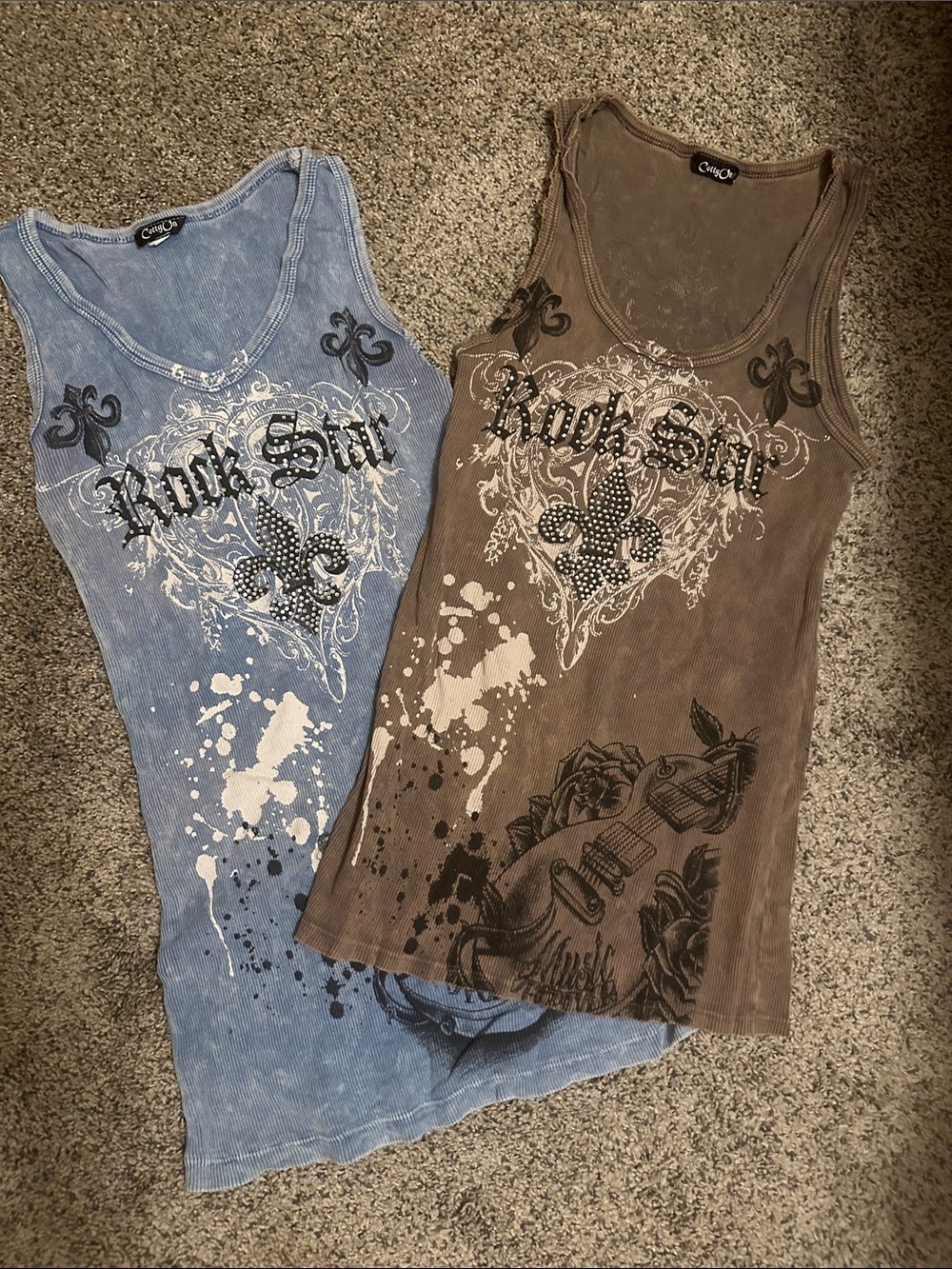 2 Rock Star Graphic Tank Top - Brown and Light Blue